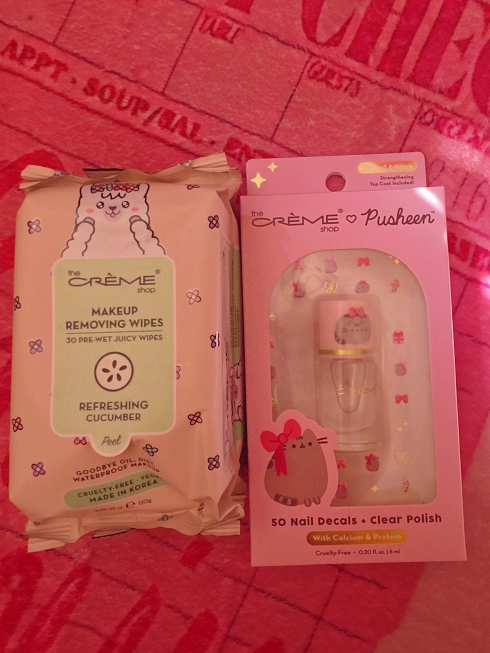 The Crème Shop Pusheen Nail Decals & Clear Polish Set With Makeup Wipes- Pink